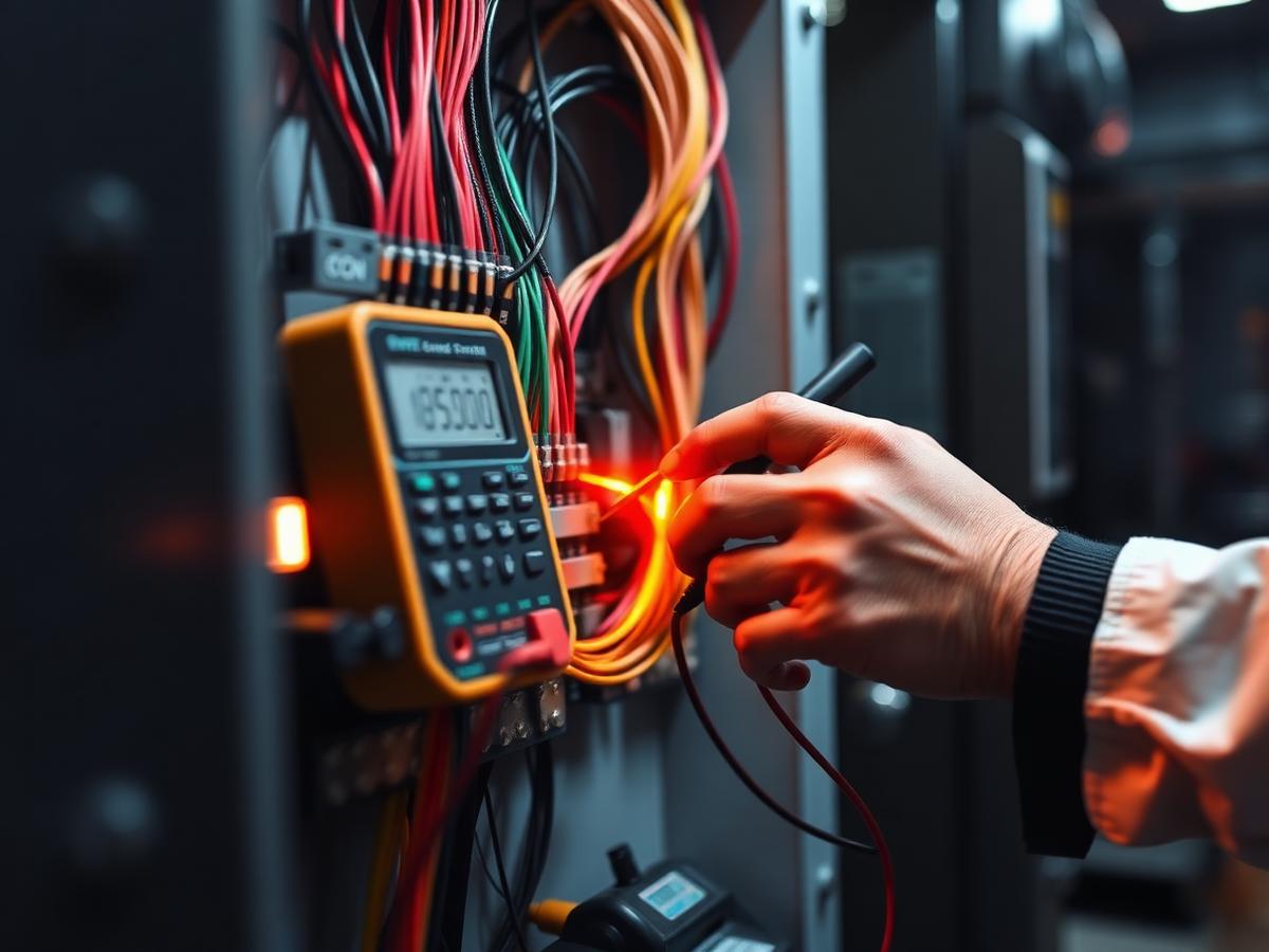 Técnico usando multímetro em painel elétrico CNC